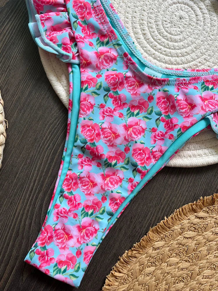 Sexy Print Strapless Bikinis 2 Piece Set Women Split Swimsuit High Waist Backless Laced Up Bikinis 2025 New Summer Bikinis Set