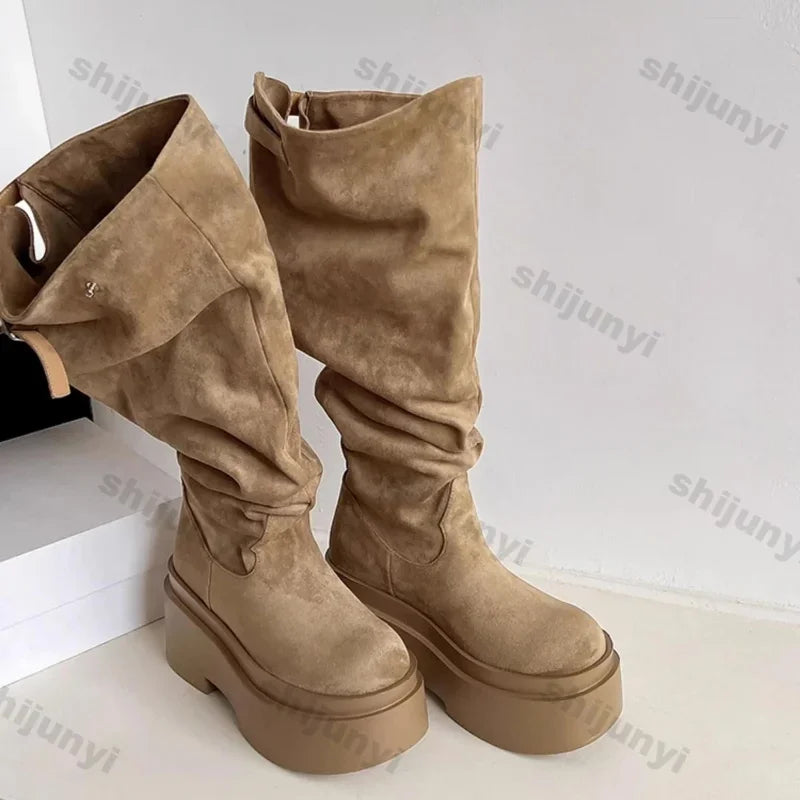 Women's Fashion Thick Heels Knee High Boots Khaki Flock Slip on Western Boots Woman Spring Autumn Soft Leather Short Botas Mujer