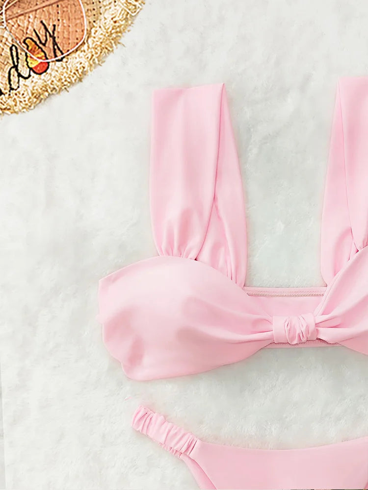 AOTVOTEE Sexy Pink Backless Bikinis 2 Piece Set Women Solid Split Swimsuit Beach Bikinis 2025 New Summer Swimwear Bikinis Set