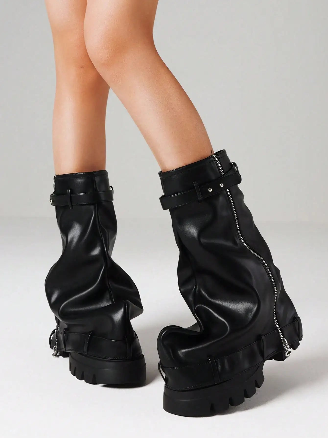 Metallic Fashion Women Fold Over Boots Chunky High Heels Mid Calf Platform Punk Gothic Fashion Motorcycle Shoes Woman