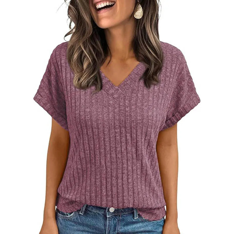 Women's Clothing Europe America All-match Knit T-shirt Summer 2025 New Casual Loose V-neck Short Sleeve Pullover Lady Solid Tops