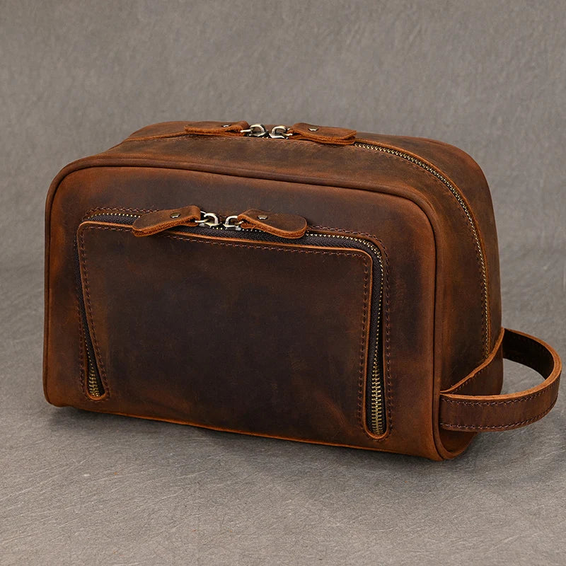 Toiletry Bag Travel Hand Bag Genuine Leather Storage Bag for Make Up Leather Clutch Bags Men Women Large Hand Purse Cosmetic Bag