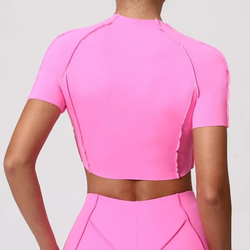 Women's Seamless Yoga Slimming Workout Shirts No Chest Pads Short Sleeve Top High Elasticity Lightweight Gym Sports Fitness Top