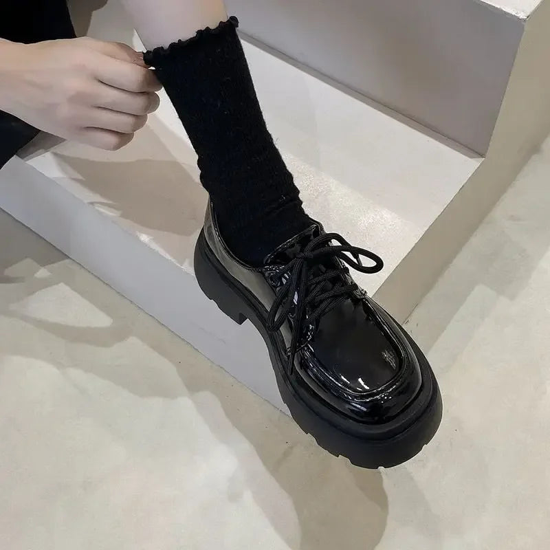 Women's Shoes Platform Flats Autumn Black Loafers Fashion Comfortable Leather Shoes Lace-up Outdoor Casual Oxfords Zapatos Mujer