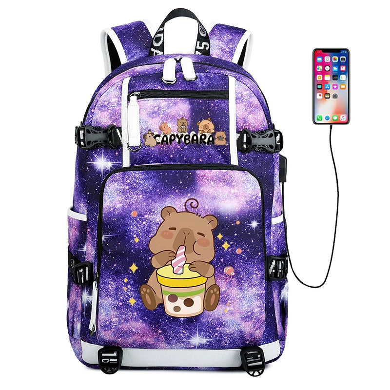 15.6 Inch Student Backpacks Japanese Large-capacity Backpack Girl Boys Simple Versatile Backpack Capibara Anime Usb School Bags