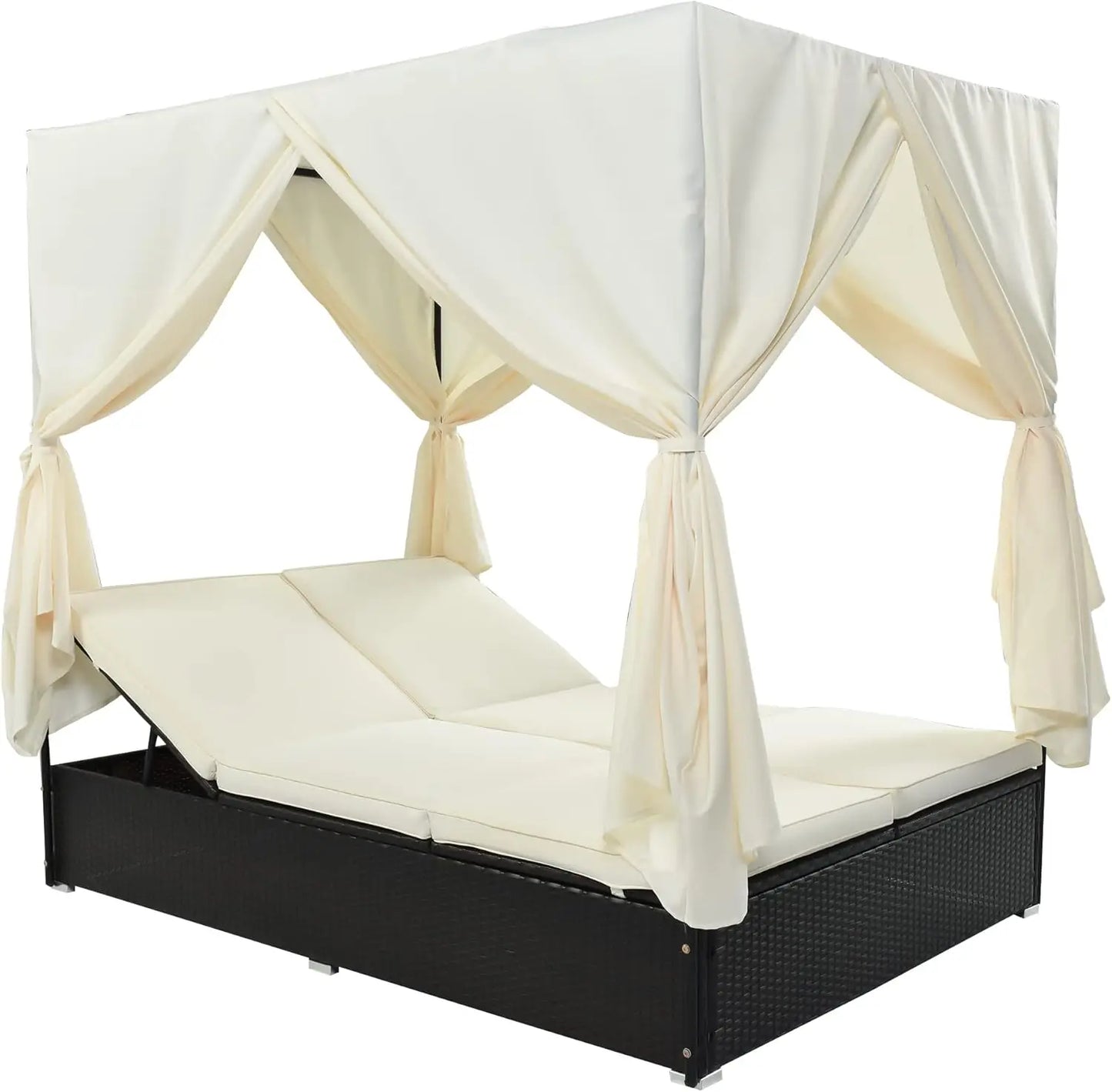 Outdoor Canopy Bed Patio Daybed Sunbed with Retractable Canopy Rattan Sun Lounger Patio Loveseat Sofa Set with Curtains Garden F