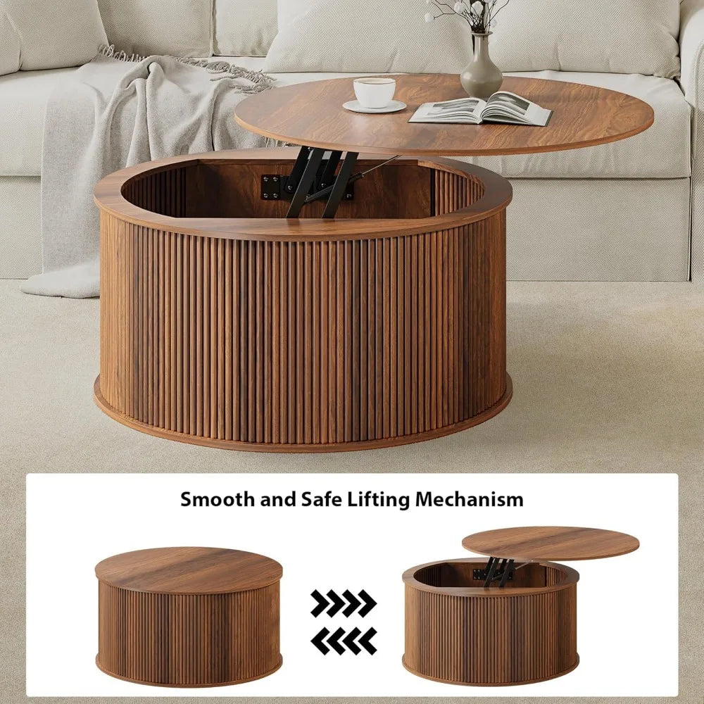 "Round Fluted Lift-Top Coffee Table with Storage for Farmhouse Style Living Room and Dining Area"