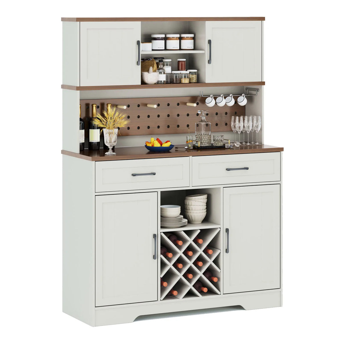 1PC Farmhouse Coffee Bar Cabinet with LED Light Tall Kitchen Hutch Large Storage Doors Drawers Wine Glass Rack Solid Wood Veneer