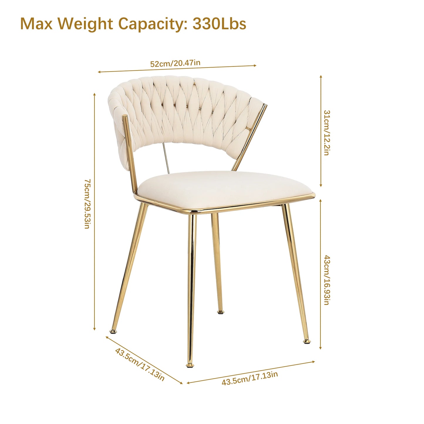 2 Piece Set Velvet Dining Chairs,Woven Round Back ,with Gold-Plated Legs -43.5×43.5×75cm