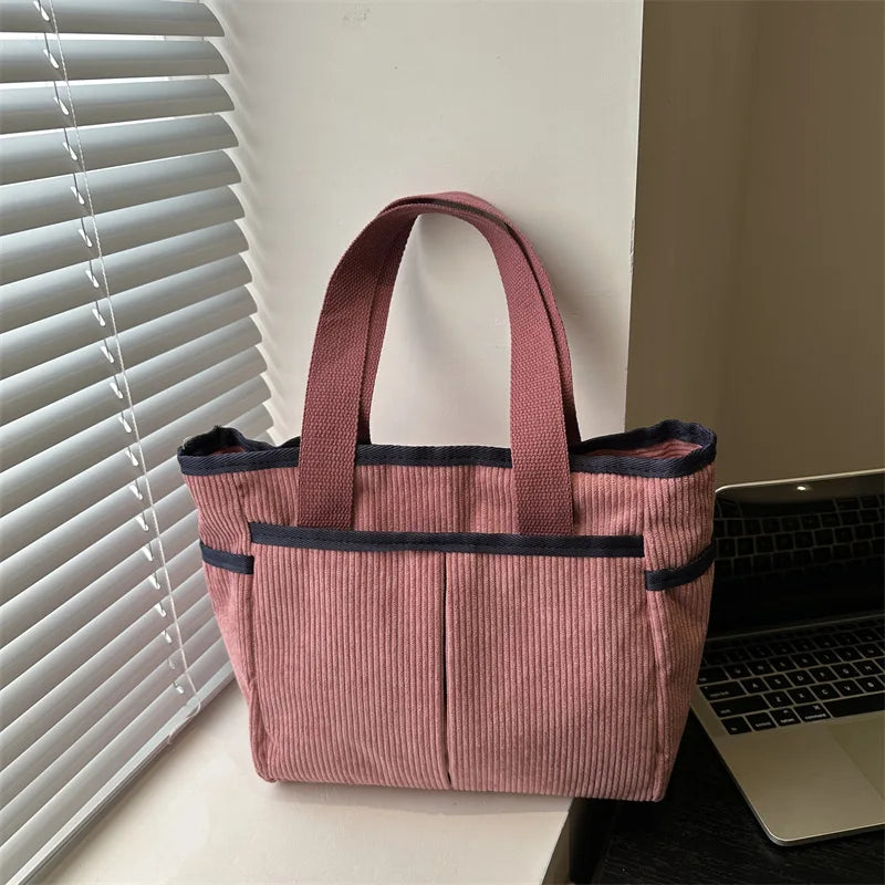Large Capacity Tote Bags for Women Vintage Corduroy Shoulder Ladies Underarm Bag Casual Shopping Female Handbag with Side Pocket
