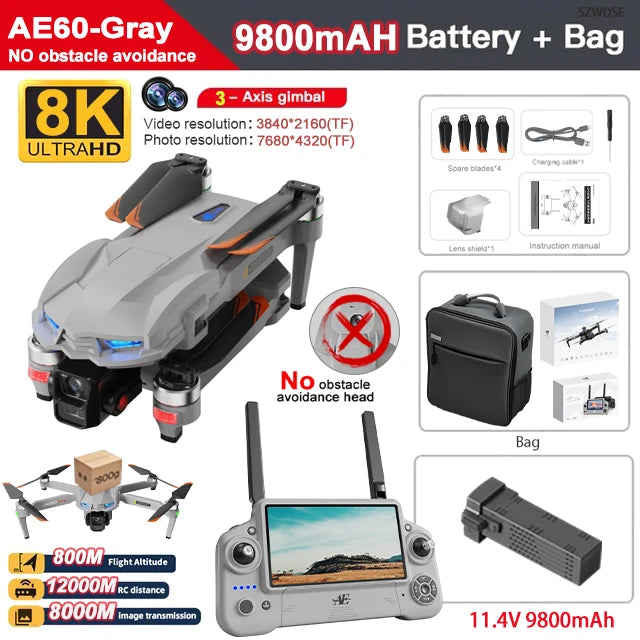 AE60 GPS Drone 8K Professional HD Camera Brushless 3-Axis Gimbal 12KM Obstacle Avoidance Large Screen 5G FPV Dron RC Quadcopter