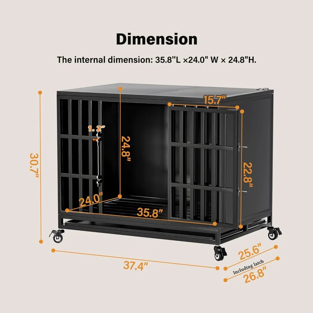 38 inch heavy duty dog crate with self-locking latch, indestructible steel large kennel with enclosed design, chew-proof and esc