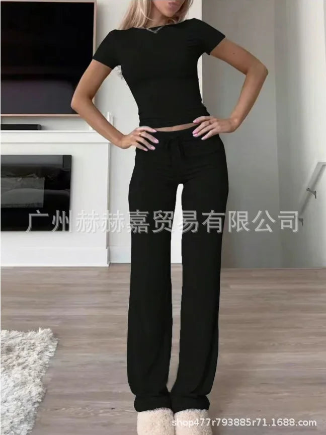Spring Women's Two-piece Set 2025 New Casual Suit Short Sleeved Slim Fit Top Long Pants Home Wear Sportswear Yoga Wear For Women