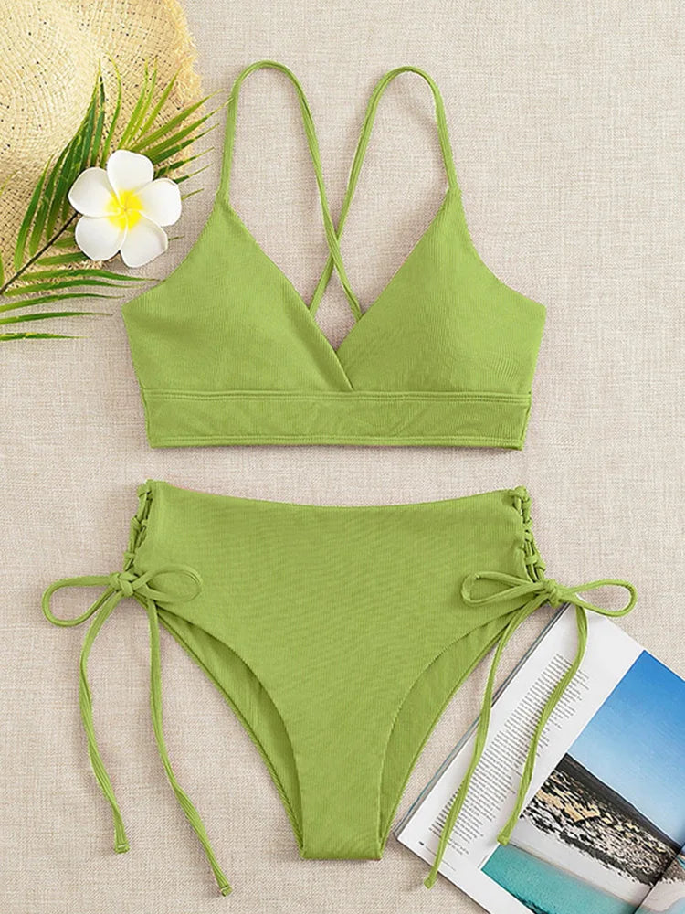 Sexy Solid V Neck Lace Up Bikinis 2 Piece Set Women Split Swimsuit High Waist Beach Bikinis 2025 New Summer Swimwear Bikinis Set