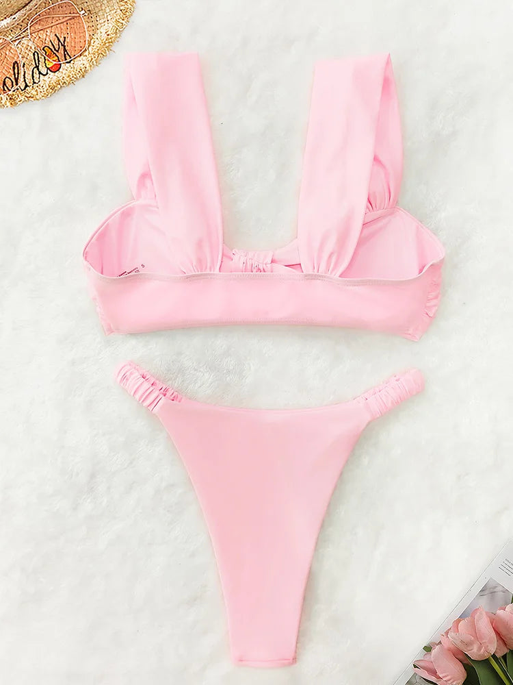 AOTVOTEE Sexy Pink Backless Bikinis 2 Piece Set Women Solid Split Swimsuit Beach Bikinis 2025 New Summer Swimwear Bikinis Set