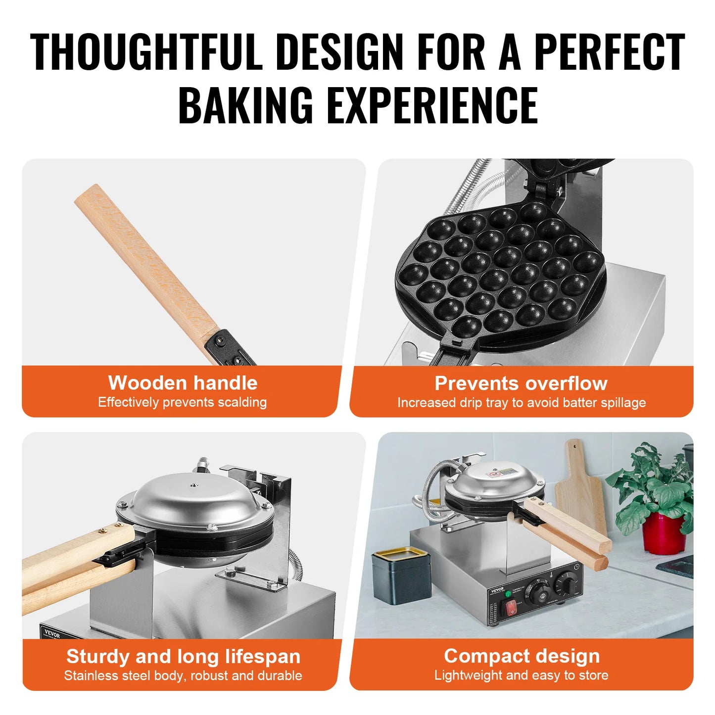 VEVOR Commercial Egg Bubble Waffle Maker 1400W Non-Stick Stainless Steel Bubble Puff w/180° Rotatable 2 Pans & Wooden Handles
