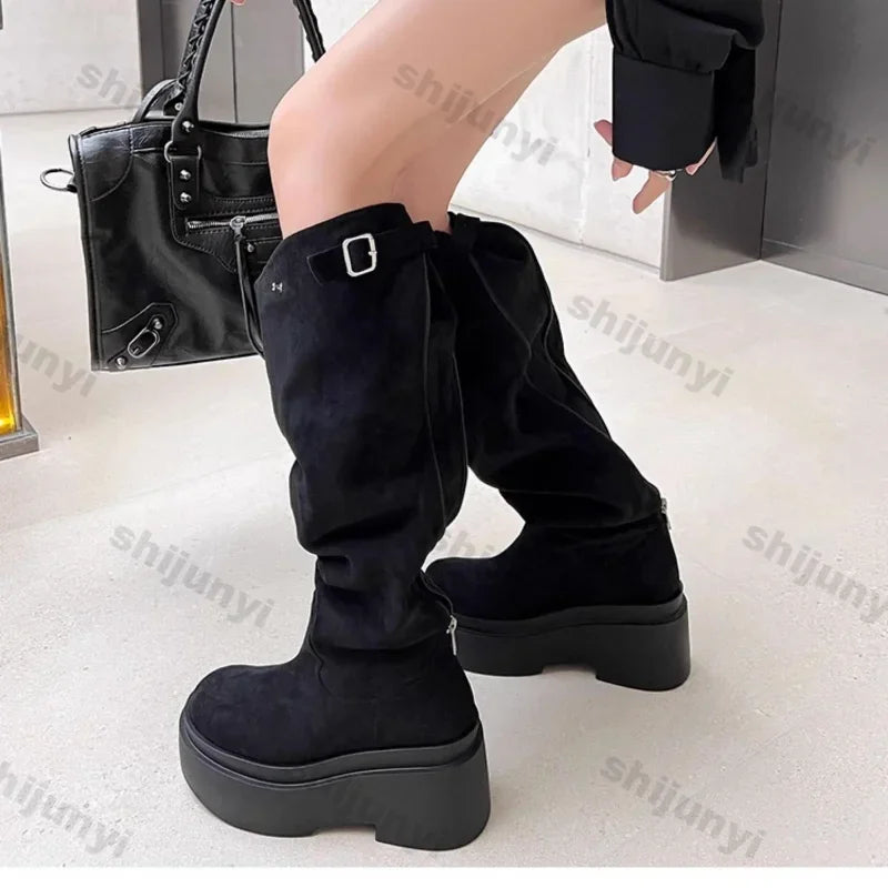 Women's Fashion Thick Heels Knee High Boots Khaki Flock Slip on Western Boots Woman Spring Autumn Soft Leather Short Botas Mujer