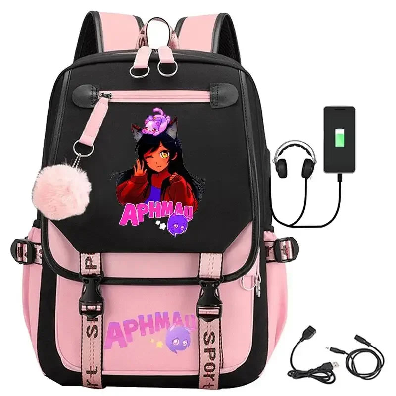 Aphmau print backpacks fashion USB charging school bags for teenage girls laptop bag cartoon bookbag students rucksack