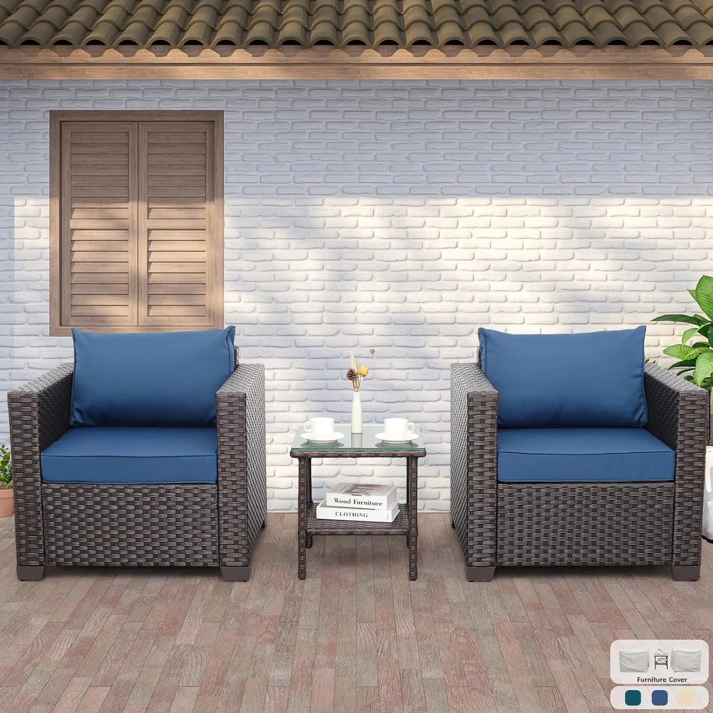 Patio Furniture 3 Piece Patio Set Patio Conversation Sets Outdoor Chairs and Glass Side Table Balcony Furniture with Non-Slip