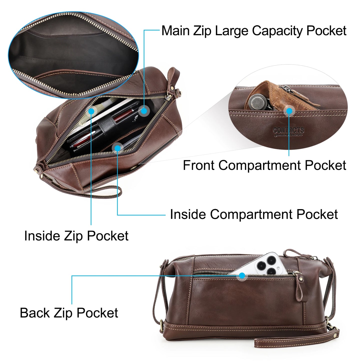 CONTACT'S Genuine Leather Clutch Bags for Men Vintage Men's Bag Handbag Wrist Strap Clutch Wallets Male Wash Bags Phone Pocket