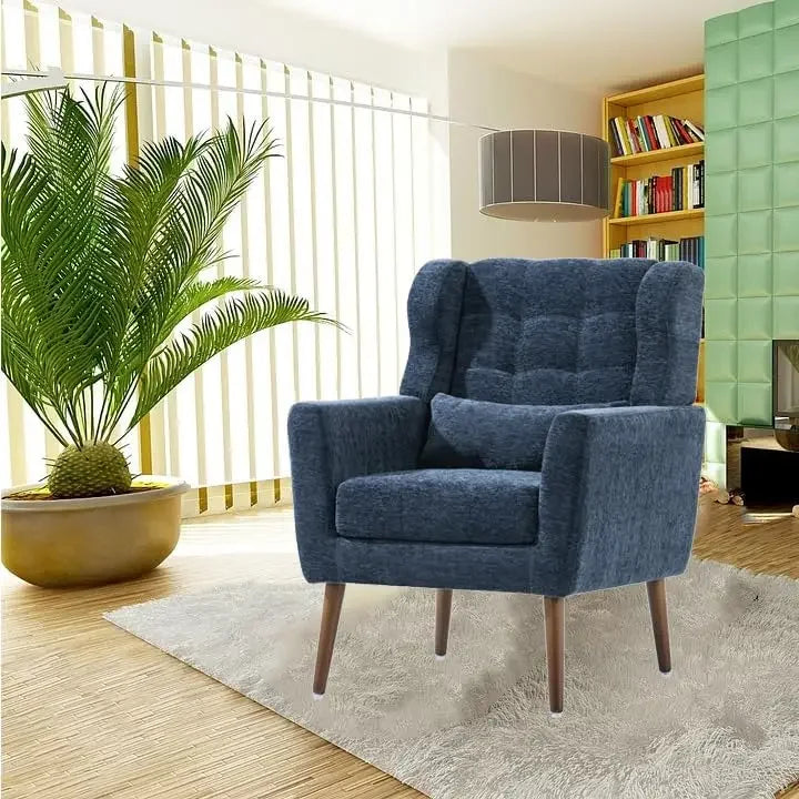 Comfy Upholstered Living Room Chairs with High Tufted Backrest and Pillow, Wingback Reading Chair with Solid Wood