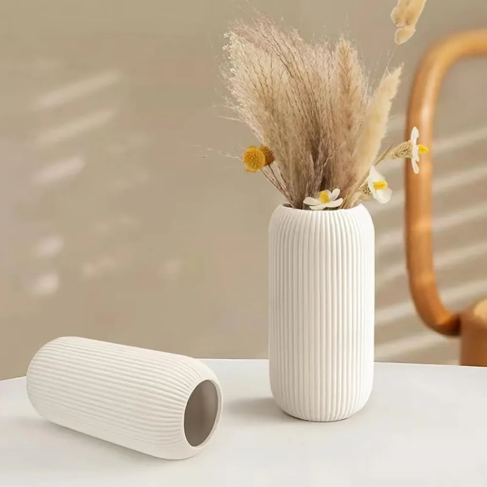 White Ceramic Vase, Vase Modern White Vase Home Decoration, Small Vase, Rib Texture Vase for Pampas Grass Decorative Vase