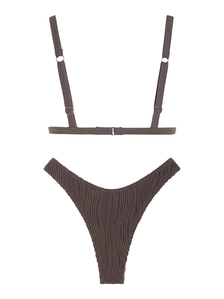 ZAFUL women swimwear Textured High Cut Bikini Swimwear