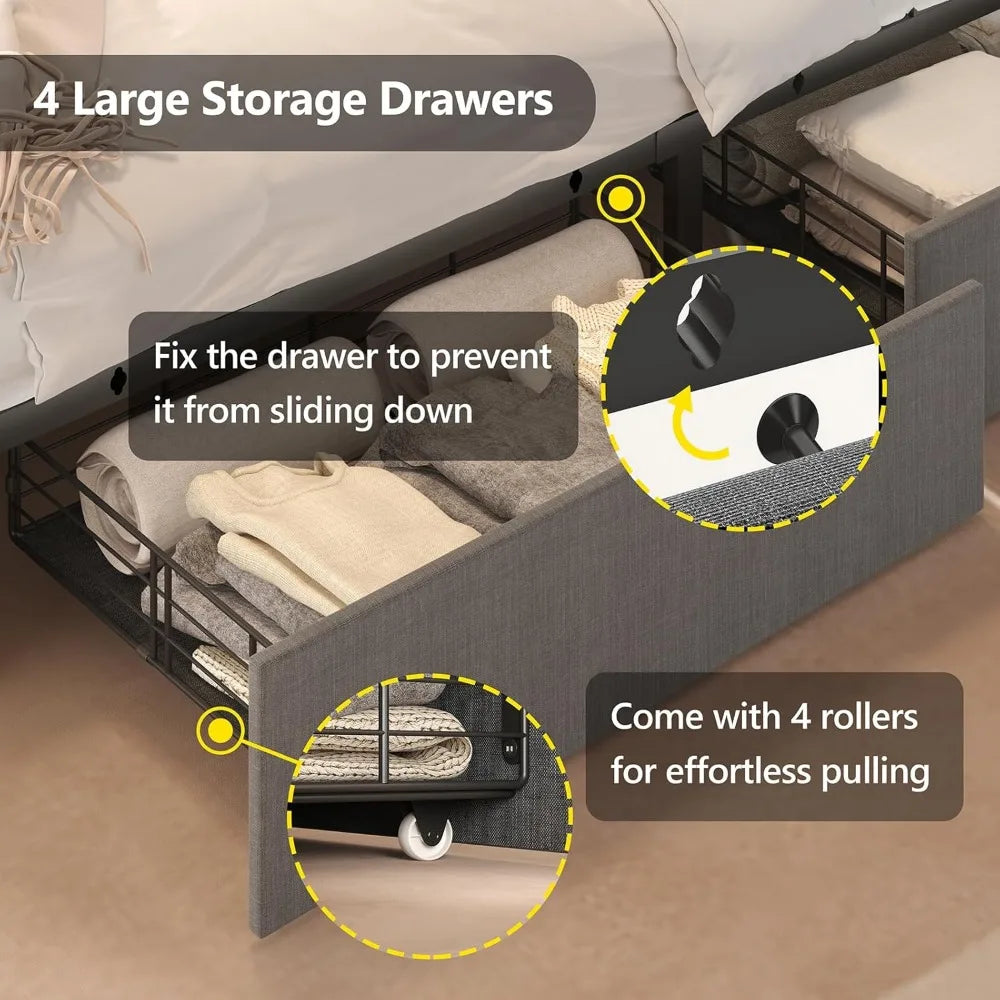 Queen Size Upholstered Platform Bed Frame with Storage Drawers, LED Lights, and Charging Station for Enhanced Convenience