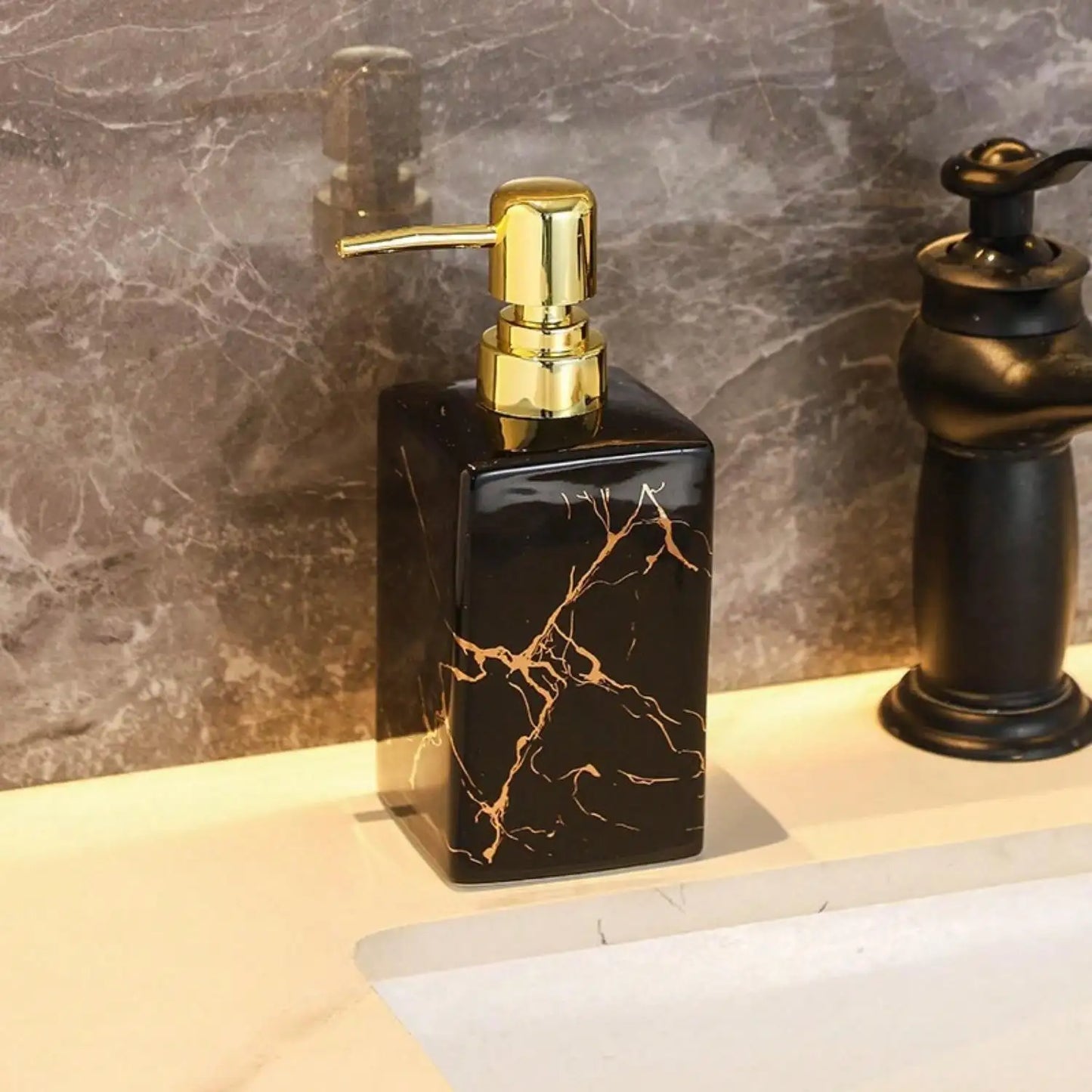 1pc 350ml Ceramic European Creative Marble Texture Refillable Press Soap Dispenser Liquid Dispenser For Bathrooms,Home,Hotels