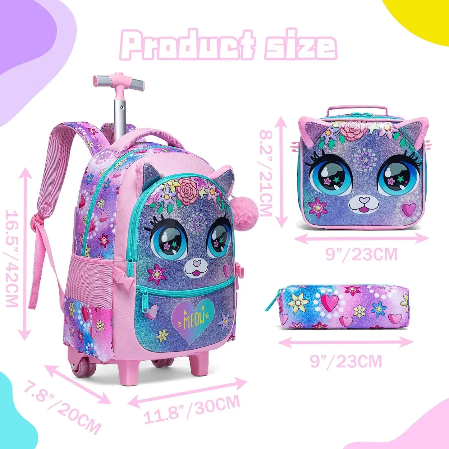 Kids Rolling Backpack with Wheels Durable School Travel Luggage for Girl Lightweight Carry-On Trolley Bag with Adjustable Handle