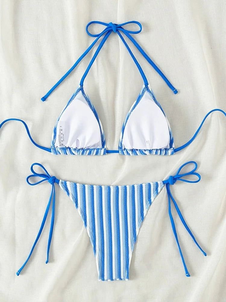 2025 New Summer Bikinis Set Sexy Striped Split Bikinis 2 Piece Set Women Swimsuit High Waist Backless Vacation Style Bikinis