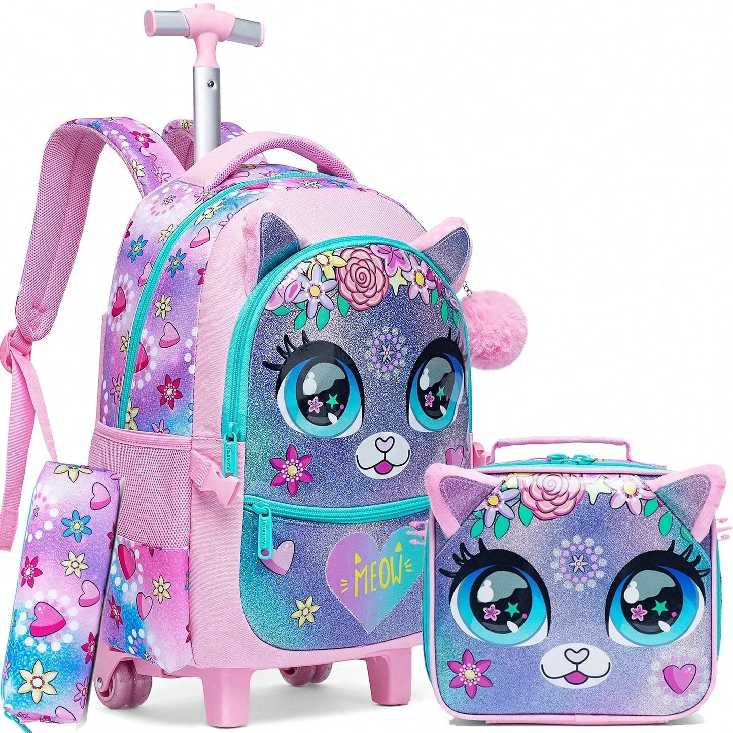 Kids Rolling Backpack with Wheels Durable School Travel Luggage for Girl Lightweight Carry-On Trolley Bag with Adjustable Handle