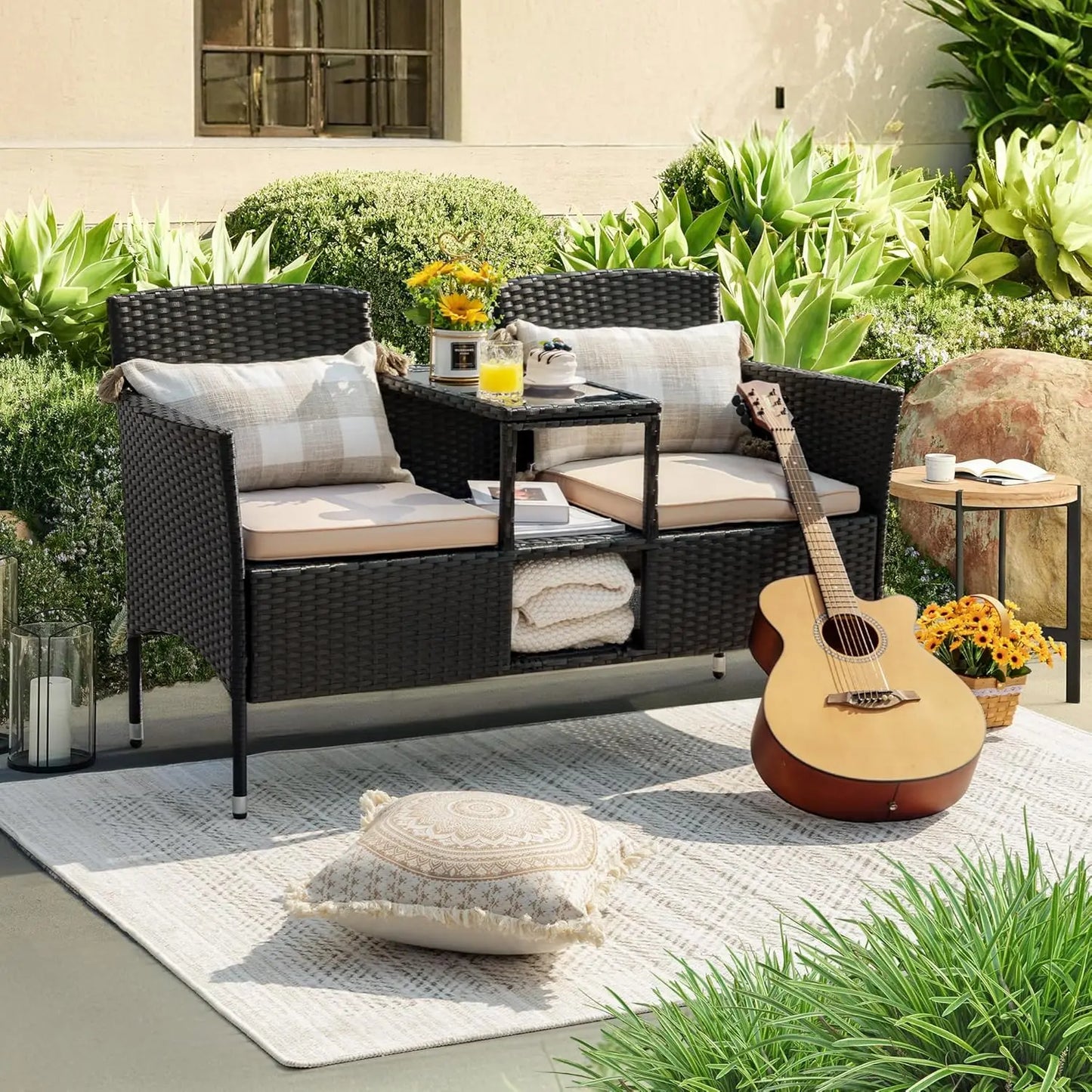 Outdoor Patio Loveseat Modern Rattan 2-Seat Patio Conversation Set with Cushions & Built-in Coffee Table Porch Furniture