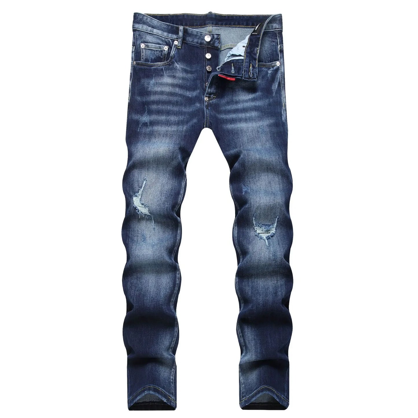 Streetwear Style Italian Men Blue Holes Denim Jeans Trousers Ripped Denim Long Pants High Quality Male Slim Denim Jeans Size 42