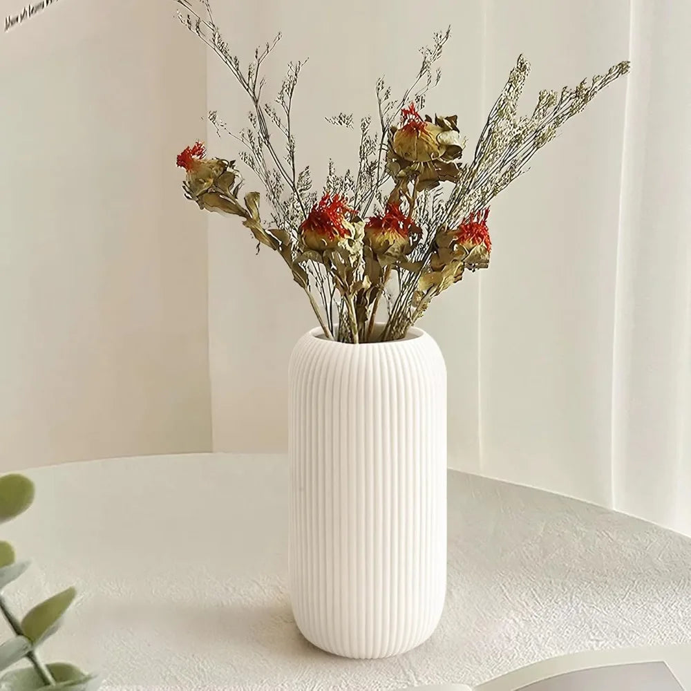 White Ceramic Vase, Vase Modern White Vase Home Decoration, Small Vase, Rib Texture Vase for Pampas Grass Decorative Vase