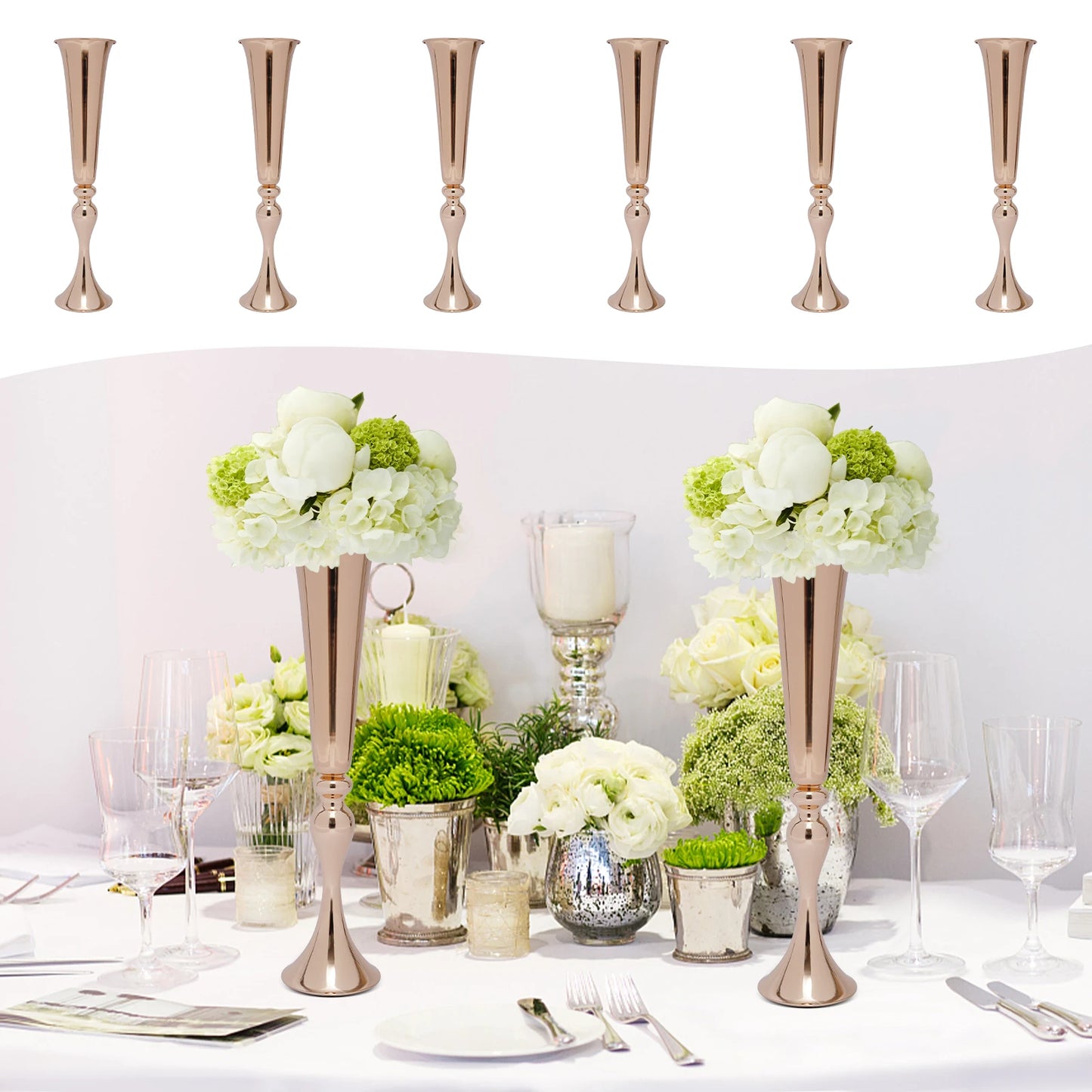 6Pcs Metal Trumpet Vases Desktop Metal Trumpet Centerpieces Vase Welcome Area Road Guide Flower Holder Height Wedding Props