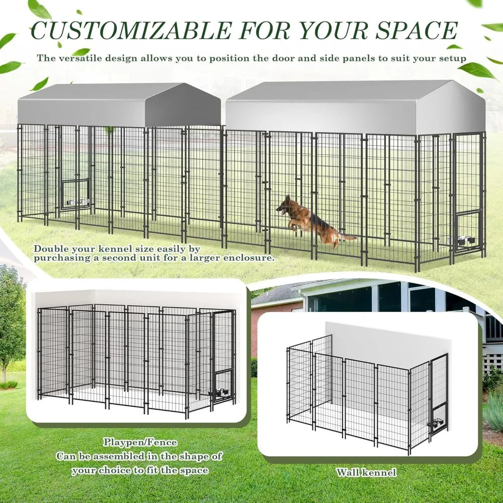 Outdoor Dog Kennel for Large Dogs, 8x4x6 FT Dog Enclosure with Waterproof, Heavy Duty Welded Wire Steel Dog Playpen Fence with