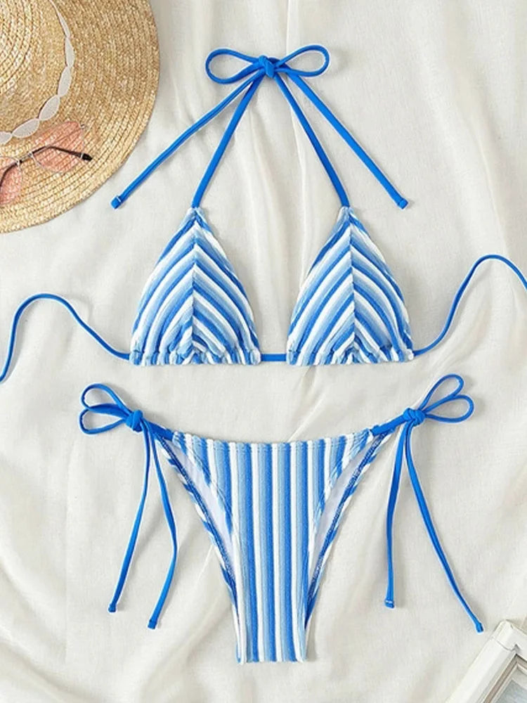 2025 New Summer Bikinis Set Sexy Striped Split Bikinis 2 Piece Set Women Swimsuit High Waist Backless Vacation Style Bikinis
