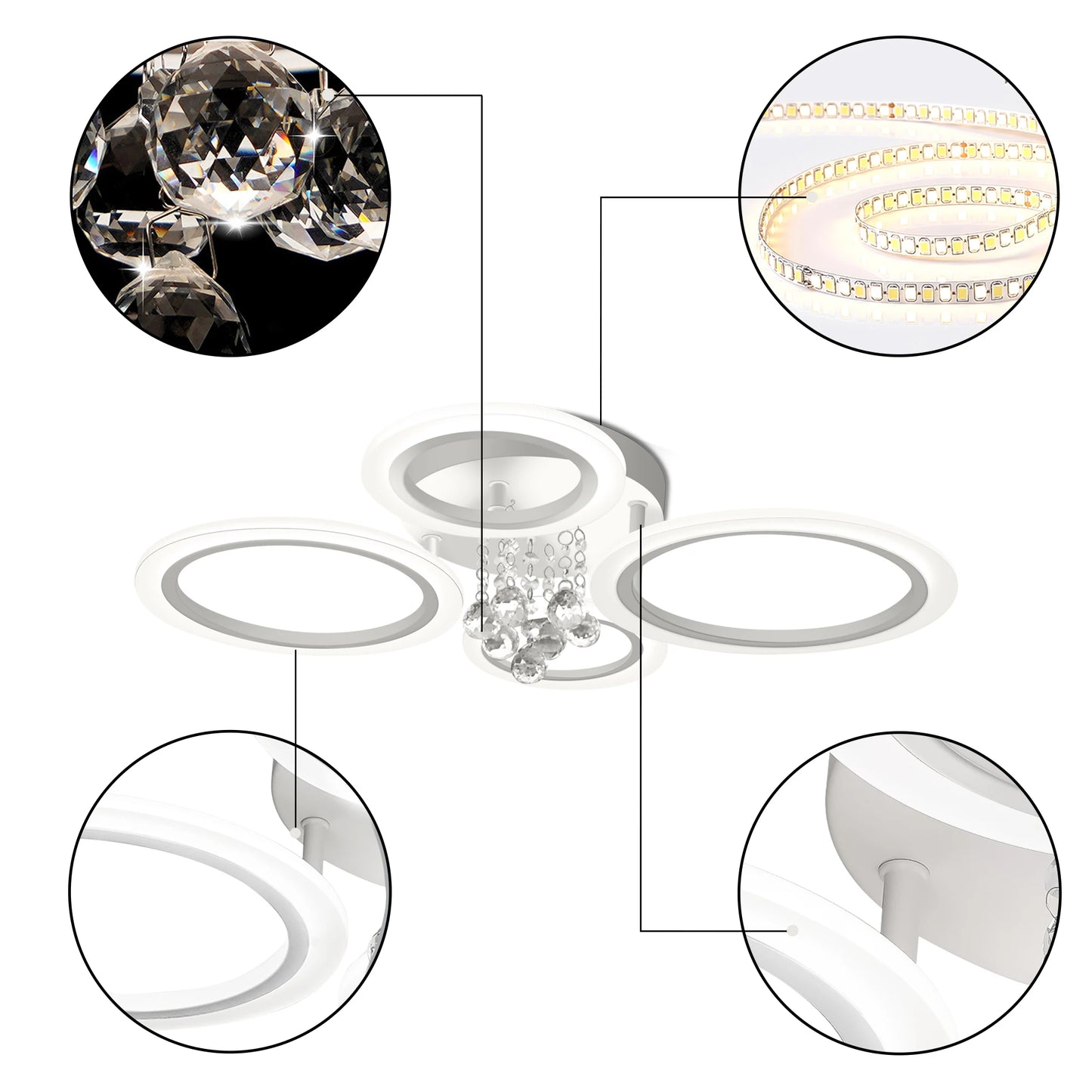 Dimmable Modern Flush Mount Ceiling Lighting Fixture White 4 Rings Round Chandelier Ceiling Lamp for Small Room, Bedroom