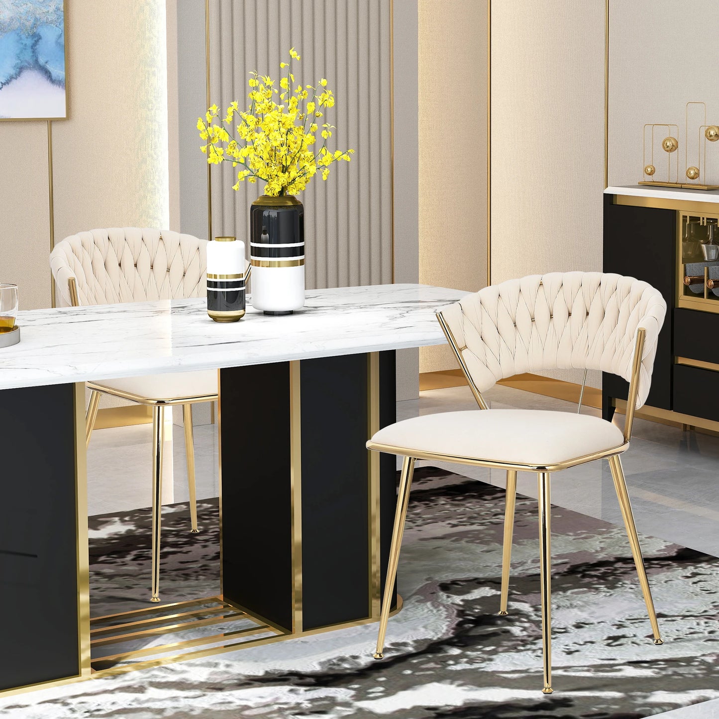 2 Piece Set Velvet Dining Chairs,Woven Round Back ,with Gold-Plated Legs -43.5×43.5×75cm