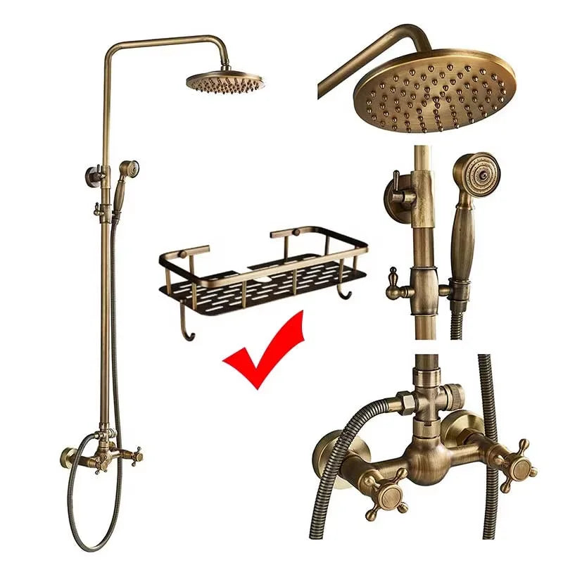 Antique Brass Bathroom Shower Faucet Sets Rainfall Head Wall Mounted Mixer Tap Hot and Cold Taps