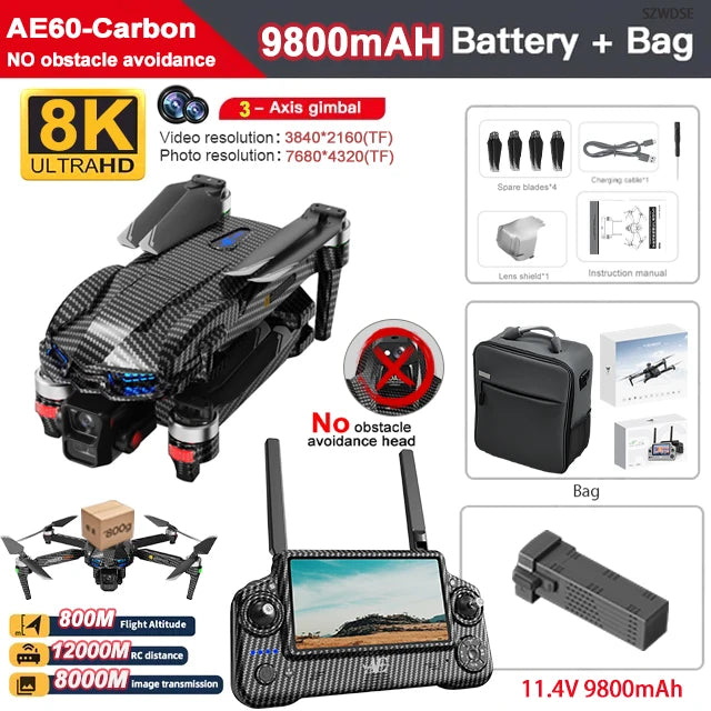 AE60 GPS Drone 8K Professional HD Camera Brushless 3-Axis Gimbal 12KM Obstacle Avoidance Large Screen 5G FPV Dron RC Quadcopter