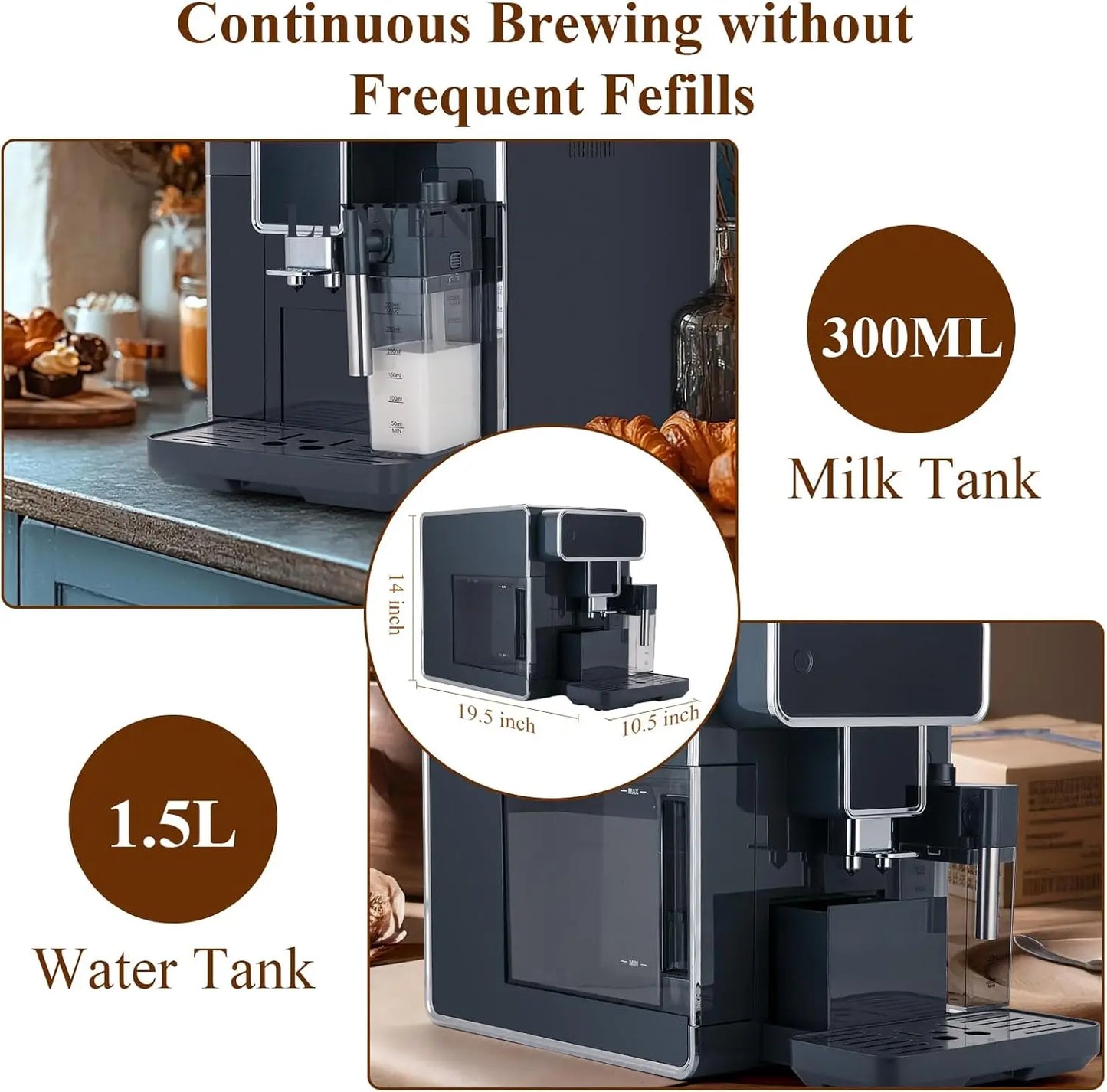 Fully Automatic Coffee Maker with Built-in 3-Level Grinder Expresso/Cappuccino/Latte/Americano Coffee Machines with Self-Cleanin