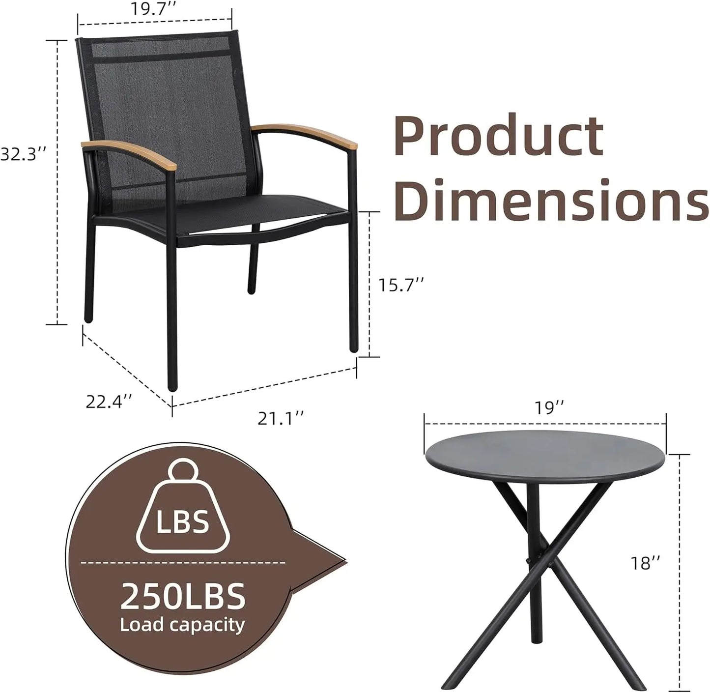 3 Pieces Patio Bistro Sets Outdoor Textilene Fabric Conversation Set with Table