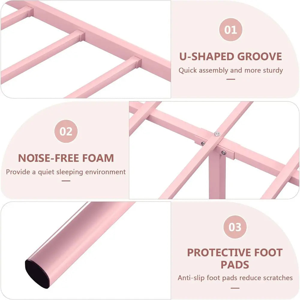 Queen Size Metal Bed Frame with Headboard & Footboard, Slat Support, No Box Spring, Easy Assembly, Light Pink