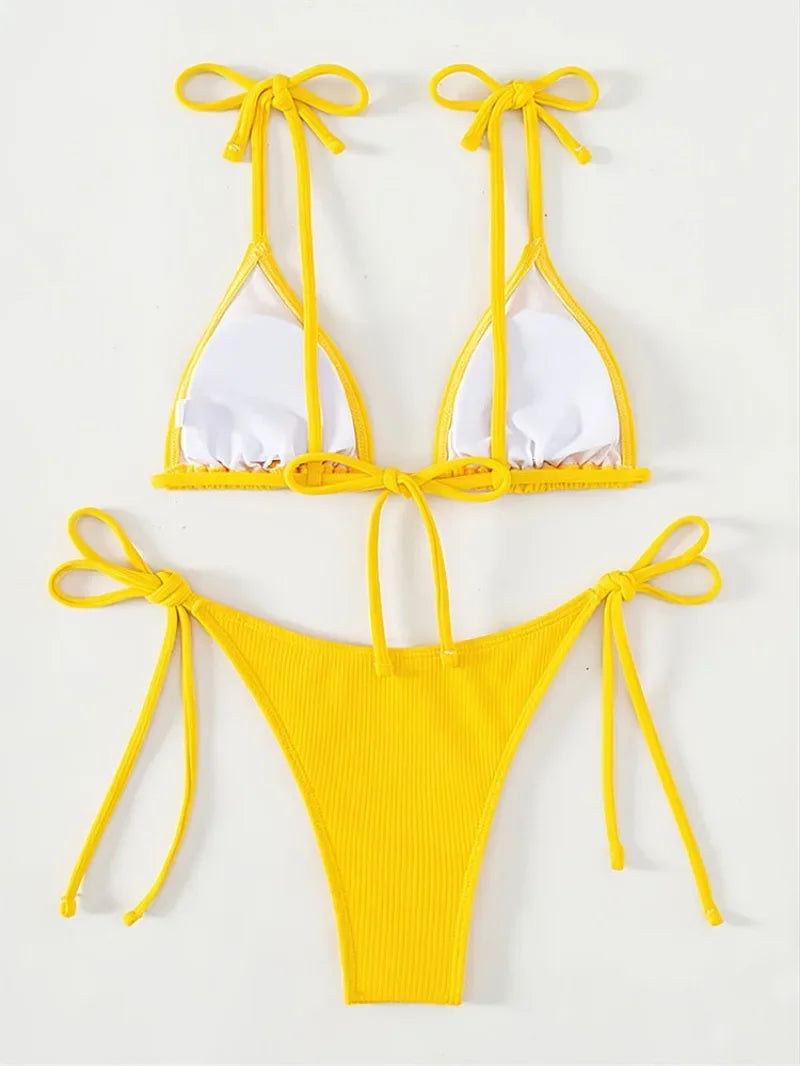 sexy yellow solid micro bikinis sets triangle cup thong swimsuit women bikinis swimsuits beachwear bathing suits swimwear bakini