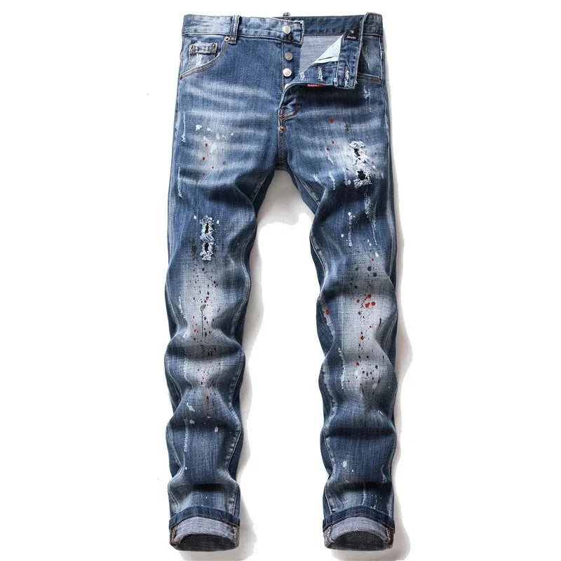 Streetwear Style Italian Men Blue Holes Denim Jeans Trousers Ripped Denim Long Pants High Quality Male Slim Denim Jeans Size 42