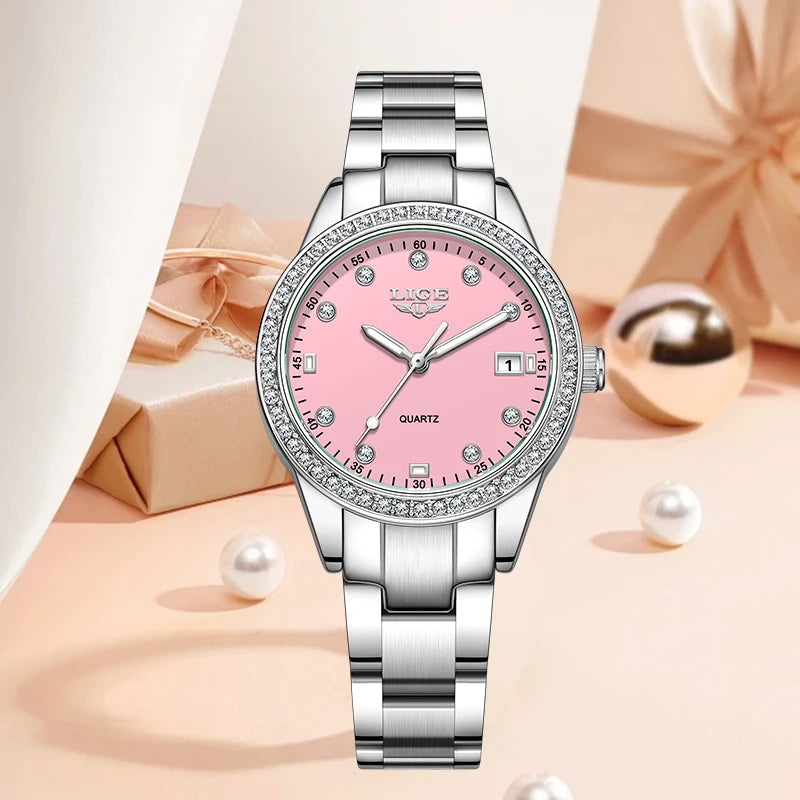 LIGE Top Brand Luxury Quartz Watches for Woman Retro Fashion Simple Elegant Calendar Casual Waterproof Diamond Women Wristwatch