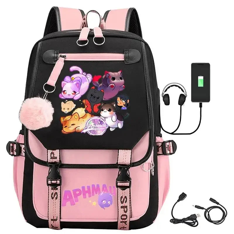 Aphmau print backpacks fashion USB charging school bags for teenage girls laptop bag cartoon bookbag students rucksack