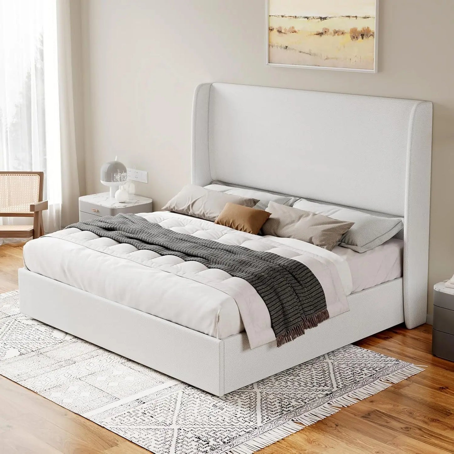 Queen Size Bed Frame Lift Up Storage Bed Linen Upholstered Bed Frame with Hydraulic Storage/Wingback Headboard White